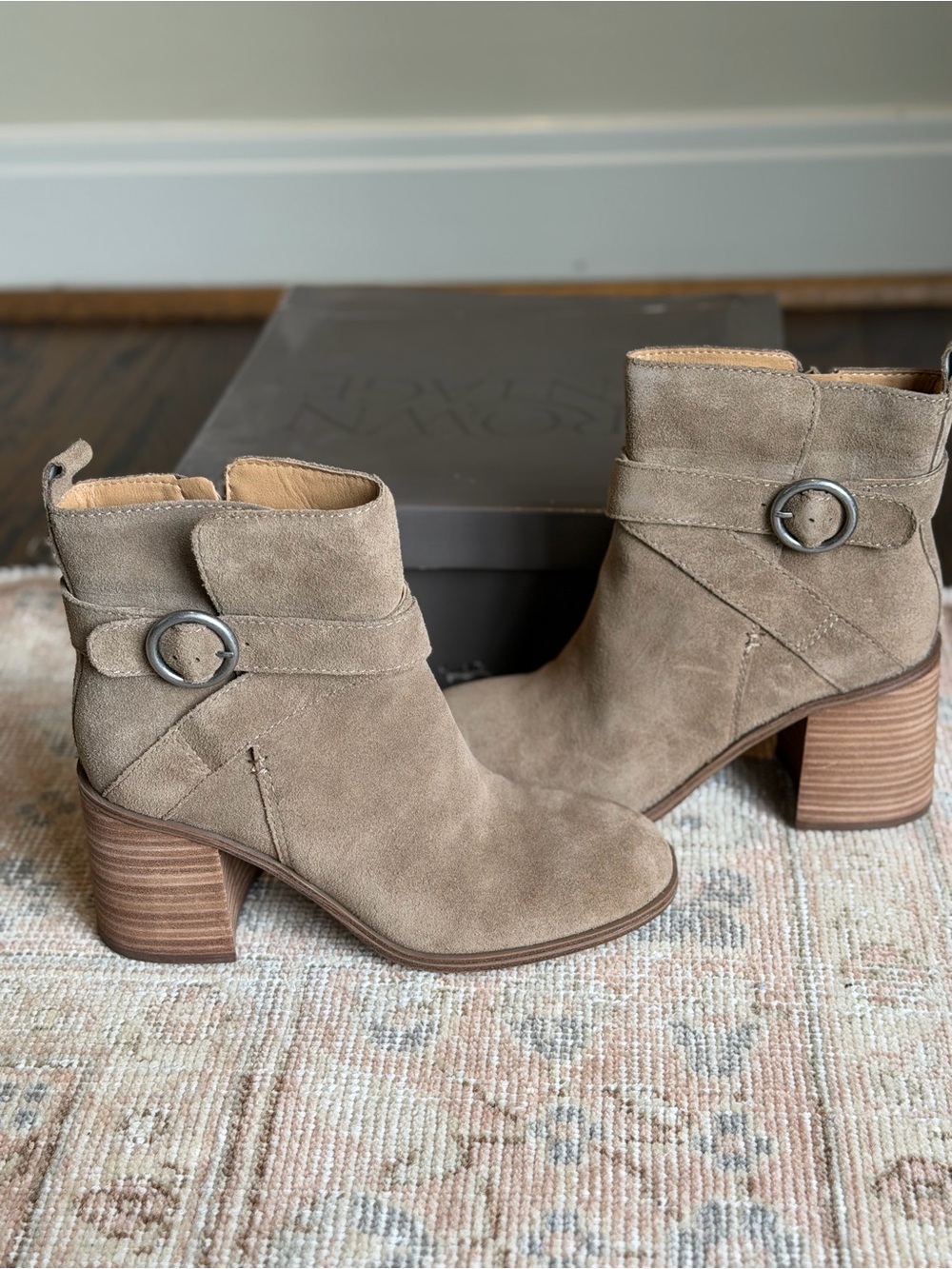 Crown Vintage Suede Ankle Booties with Buckle - Taupe